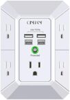 USB Wall Charger, Surge Protector, QINLIANF 5 Outlet Extender with 4 USB Charging Ports (4.8A Total) 3-Sided 1680J Power Strip Multi Plug Outlets Wall Adapter Spaced for Home Travel Office(2U2C),White