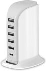 Charging Station for Multiple Devices 40W Upoy, Wall Charger Block 5 USB Ports(Shared 6A), USB Charging Hub Smart IC, Charger Tower with Type-C 3A for iPhone iPad Tablets Smartphones, Home Office Use