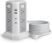 Long Extension Cord 10FT 1625W|13A with Multiple Outlets, Surge Protector Power Strip Tower with 4 USB(2 USB C) Ports, Flat Plug 1800J Overload Protection for Home Office DormRoom Essentials