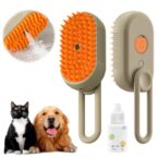 Cat Steam Brush, Ultimate Pet Steam Groomer Comb, Pet Hair Steamy Brushes for Massaging and Cleaning Shedding Pets, Multifunctional Hair Removal Comb for Cat and Dog (Khaki+Pet Care Serum)