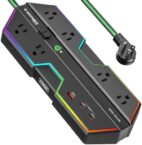 4000J Surge Protector Power Strip with USB Ports, 6 Outlet Power Strip with RGB Lights with 6 Ft Cord(Green), Wide-Spaced Outlet Perfect for e-Sports, Game PC, Home and Offices