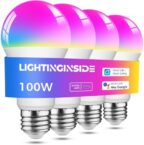 Smart Light Bulbs 100W Equivalent, 1350LM 11W WiFi Smart Bulb Compatible with Alexa/Google Assistant/Smart Life, A19 E26 RGBCW Color Changing, No Hub Required,2.4G WiFi, ETL Listed,4PCS