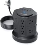 TROND Tower Surge Protector Power Strip with USB, 14 Widely Spaced Outlets, 2-USB C and 2 USB-A, 2100J Surge Protection, 10 Ft Extension Cord with Multiple Outlets Home, Office, Dorm Essentials Black