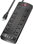 Power Strip Surge Protector – ALESTOR 10 Feet Extension Cord (1875W/15A) with 12 Outlets and 4 USB Ports, 2700 Joules, for Home, School, College Dorm Room, and Office, ETL Listed, Black
