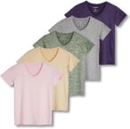 Real Essentials 5 Pack: Women’s Short Sleeve V-Neck Activewear T-Shirt Dry-Fit Wicking Yoga Top (Available in Plus)