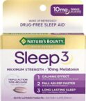 Melatonin by Nature’s Bounty, Sleep3 Maximum Strength 100% Drug Free Sleep Aid, Dietary Supplement, L-Theanine & Nighttime Herbal Blend Time Release Technology, 10mg, 30 Tri-Layered Tablets